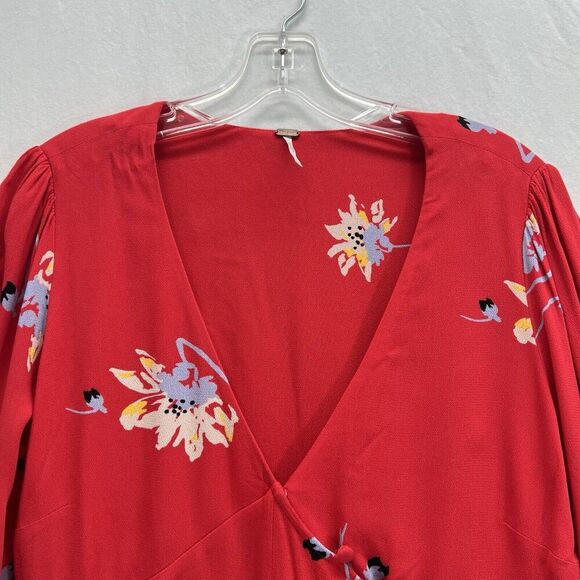 Free People Red Time On My Side S Wrap Mini Dress 3/4 Flutter Sleeves - Picture 3 of 12